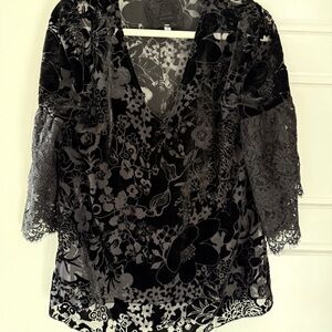 Johnny Was Burnout Velvet Lace Top Black Baroque Grunge Baddie Indie Goth Small